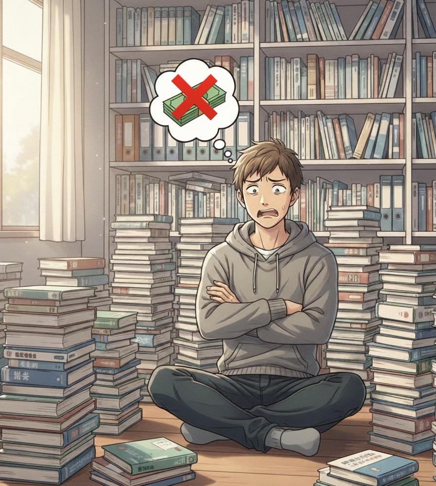 薬剤師国家試験の参考書や青本が山積みになっている様子