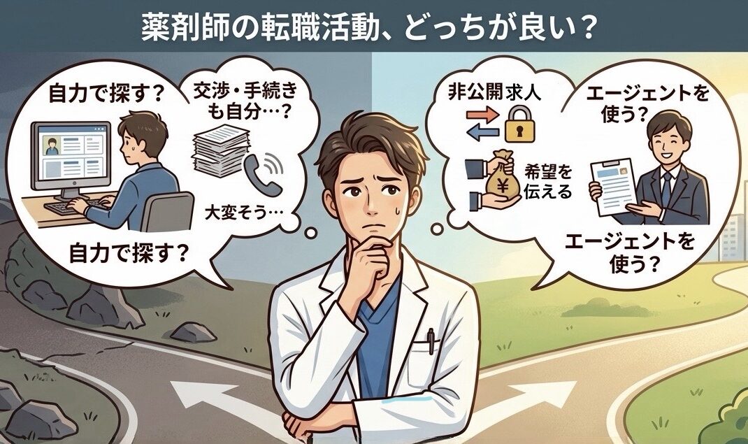 転職エージェントを使って転職するか、自力で転職するか悩んでいる薬剤師